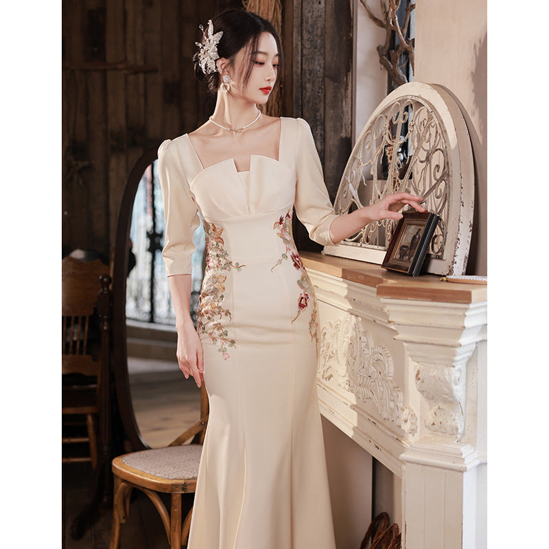 Champagne Evening Dress for Women Banquet Temperament Host Fishtail Dress Square Collar Dress H885