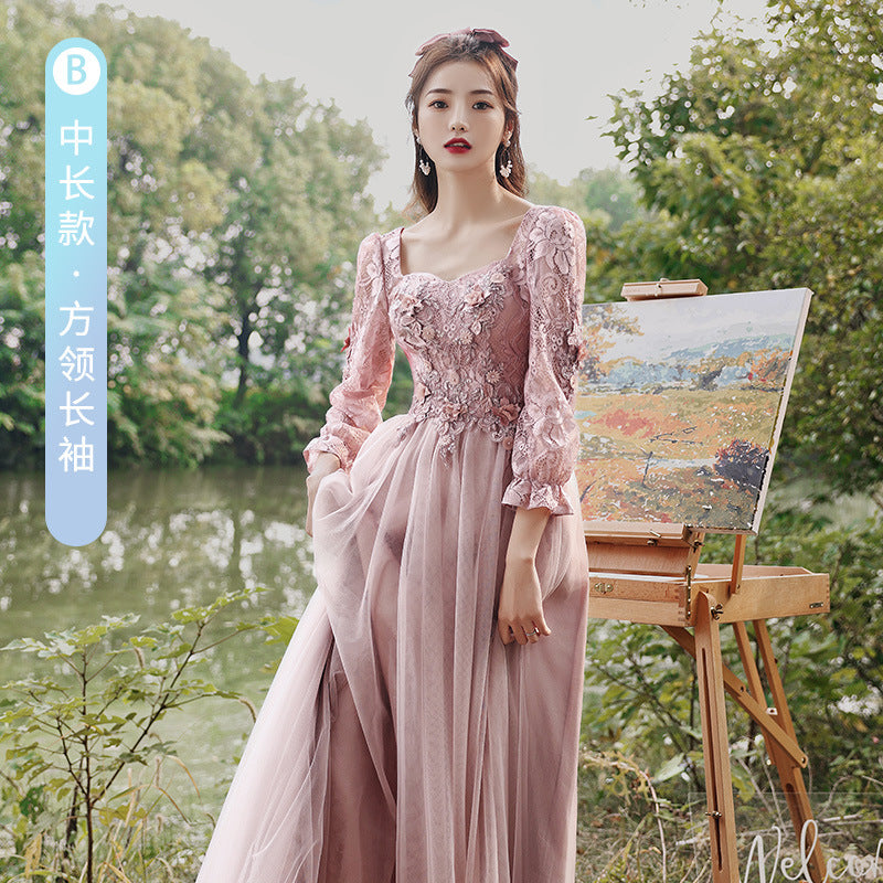 Pink Bridesmaid Dress Fairy Temperament 2022 New Spring Thickened Long Sleeve Girlfriends Ladybros' Dress Female Slimming