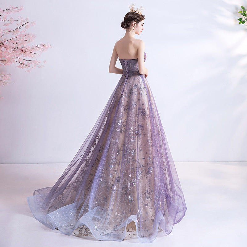 Pueple Annual Party Evening Dress 2022 Summer New Sexy Tube Top Purple Sequins Starry Skirt Wedding Bride Art Exam long dress