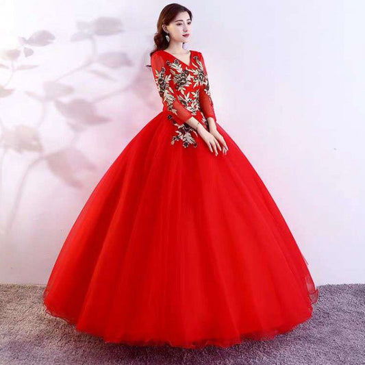 Red dress wedding dress bridal veil dinner dress muslimah 2022 New Folk Song Bel Canto Solo Costume Female Vocal Music Art Test Dress Host Chorus Long Pettiskirt