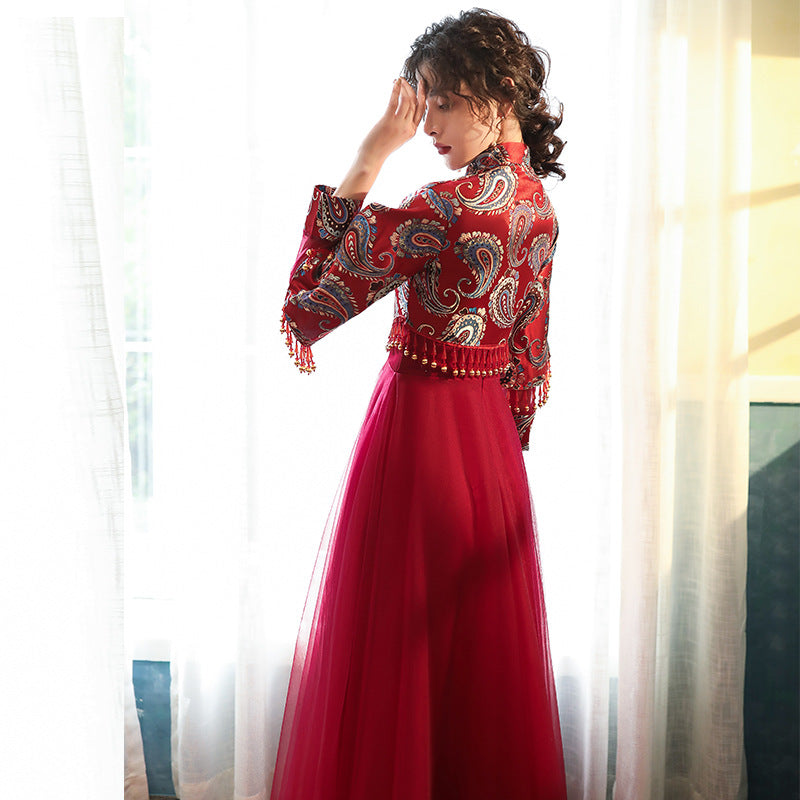 red dress Toast Dress Bride 2020 New Autumn and Winter Wine Red Marriage Engagement Long Sleeve Dress Female Cheongsam Dress LAS370