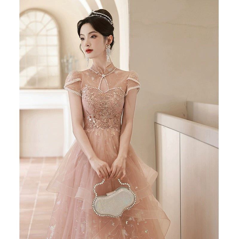 Pink Evening Dress Chinese style retro gown High-End Princess Vocal Music Art Test Performance Dresses gala H577