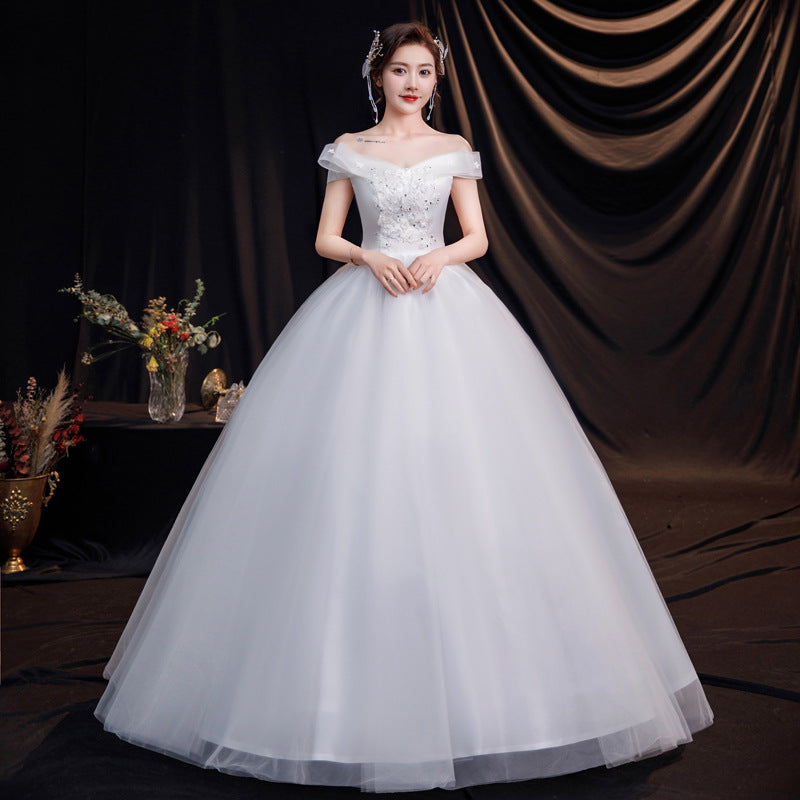 Wedding Dress off-Shoulder V-neck Floor-Length Wedding Dress Square Shoulder Studio Large Size Lace-up Strap White Yarn Slimming Korean Style H892