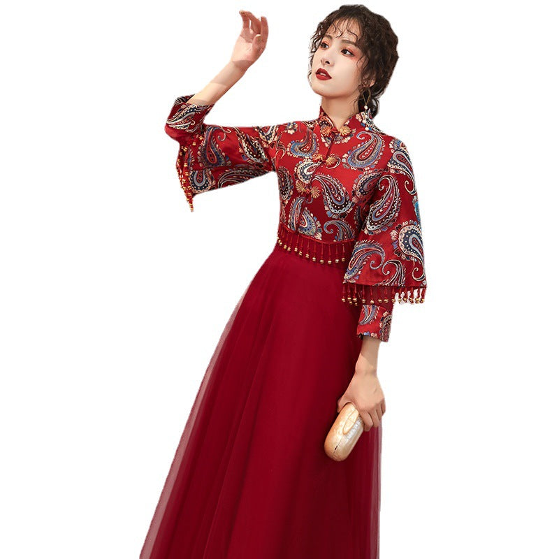 red dress Toast Dress Bride 2020 New Autumn and Winter Wine Red Marriage Engagement Long Sleeve Dress Female Cheongsam Dress LAS370