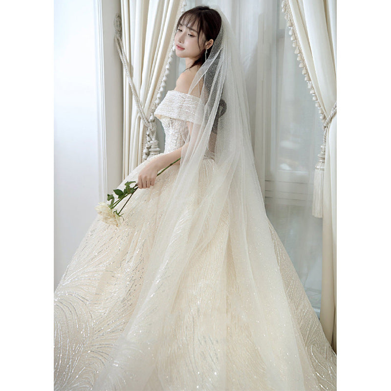 off-Shoulder Primary Wedding Dress  Bride Trailing Starry Sky Simple Super Fairy Mori Style Dream Dress H889