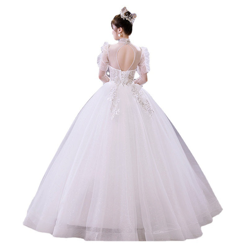 wedding dress long sleeve dress French Style Wedding Dress 2022 Autumn New Bridal Hepburn Court Style Small Arms Hiding Stand Collar Floor-Length Wedding Dress LAS405