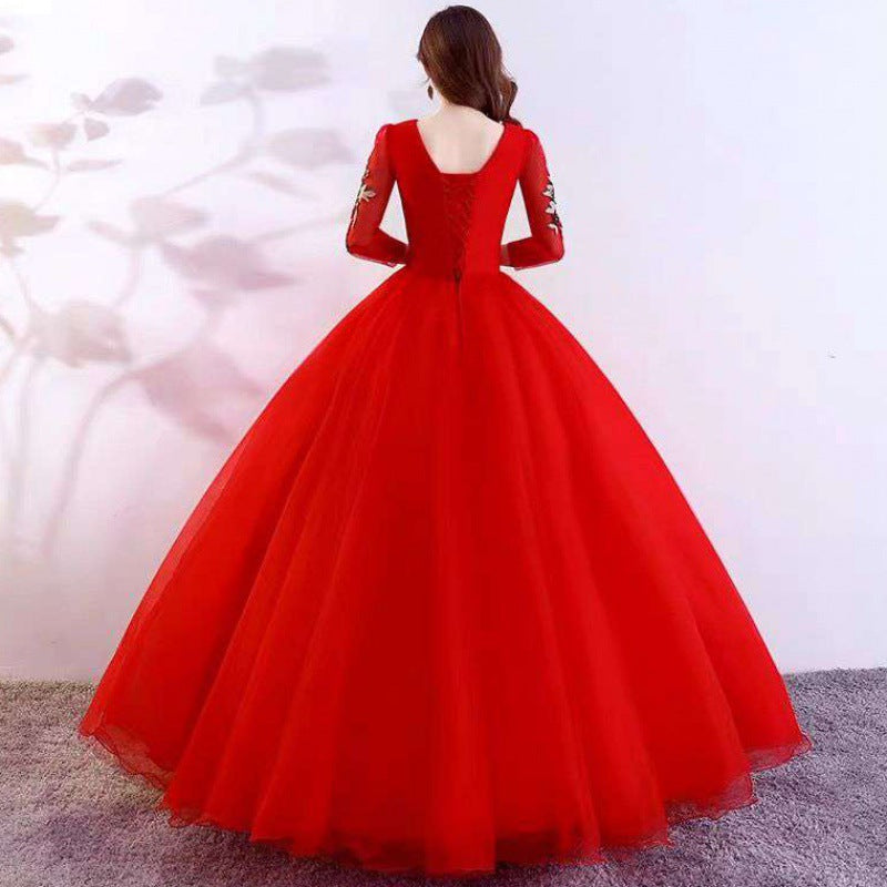 Red dress wedding dress bridal veil dinner dress muslimah 2022 New Folk Song Bel Canto Solo Costume Female Vocal Music Art Test Dress Host Chorus Long Pettiskirt