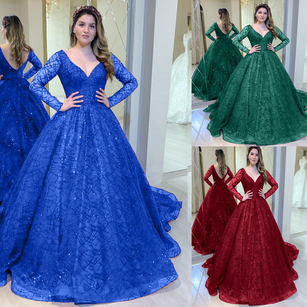 GREEN DRESS Blue Wedding Dress Autumn and Winter New Long Sleeve Sequin Sequined Formal Swing Dress Sexy V-neck Banquet Dress New Wish