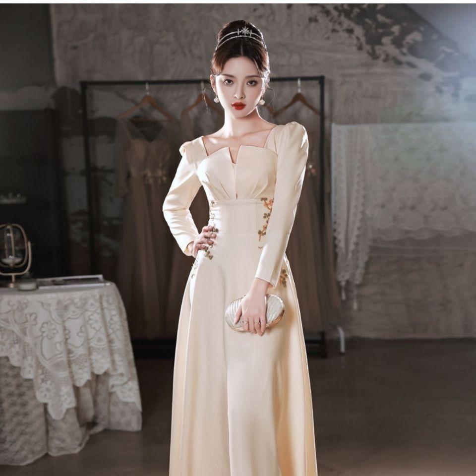 Champagne dress Chinese style dress evening dress for women 2022 summer new long-sleeve annual meeting temperament simple runway dress for the host