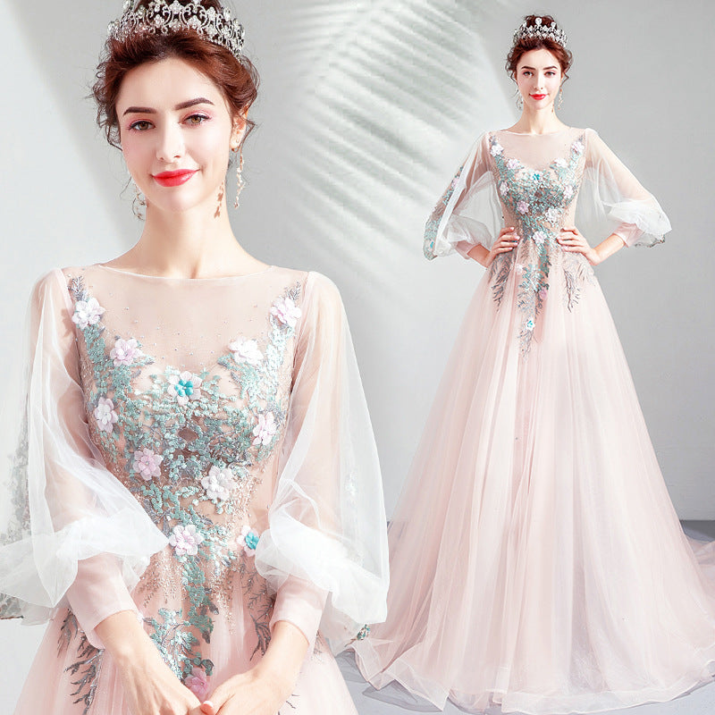 Flower lace dress Evening dress banquet female skinny sen super fairy pink bridal long sleeve toasting wedding dress annual runway evening dress