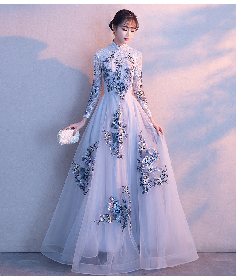 Evening dress 2022 new summer banquet temperament long fairy host Chinese stand-up collar dress