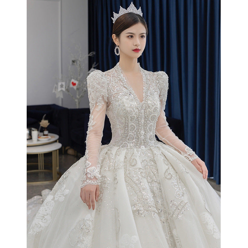 Wedding dress princess dress bubble sleeve long sleeve lace dress new bride wedding dress palace style high sense of big tail