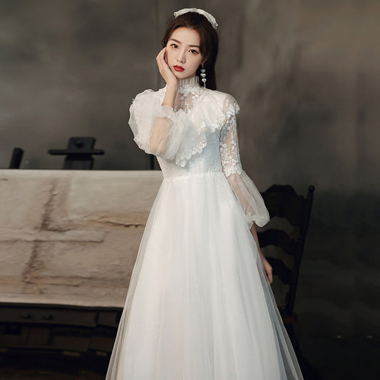 Evening gown 2022 new summer long sleeve temperament white fairy light wedding vocal solo party dress