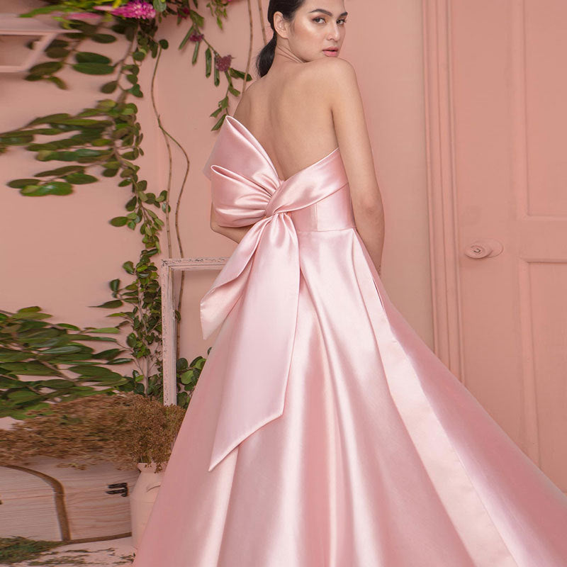 { 〓 Pink+ Big bowknot ❤ }  new satin level evening dress sexy strapless bow dress