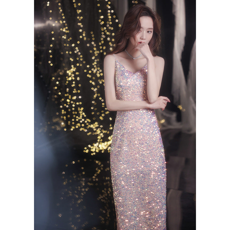 New fall birthday party annual party style pink sequin halter dress