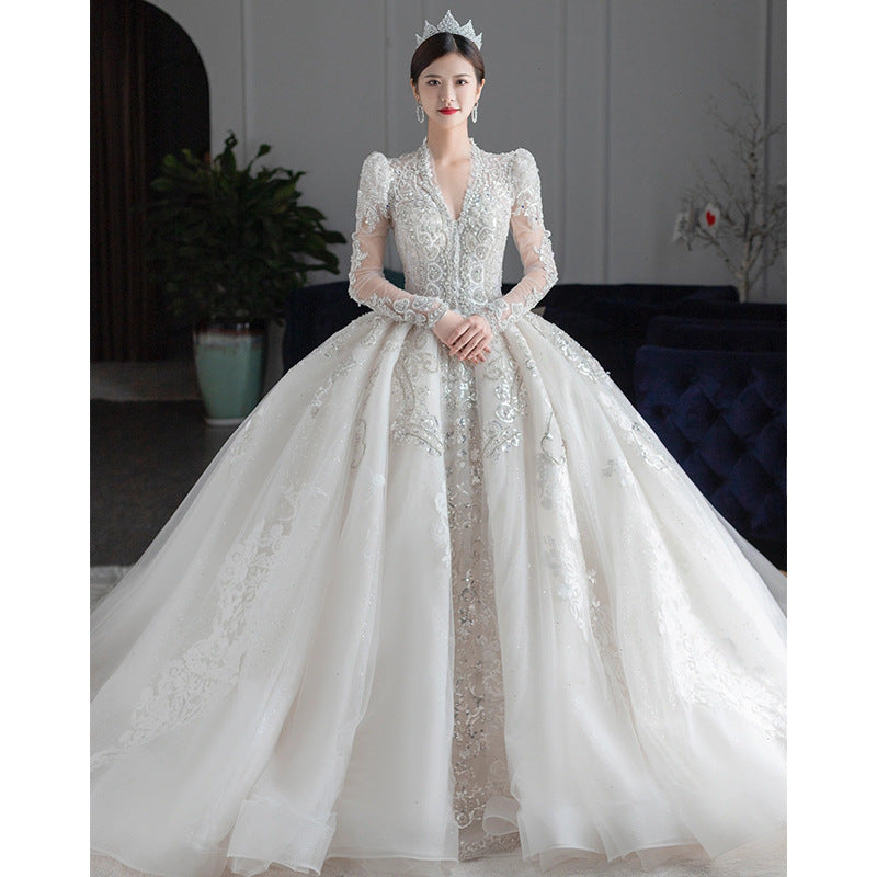 Wedding dress princess dress bubble sleeve long sleeve lace dress new bride wedding dress palace style high sense of big tail