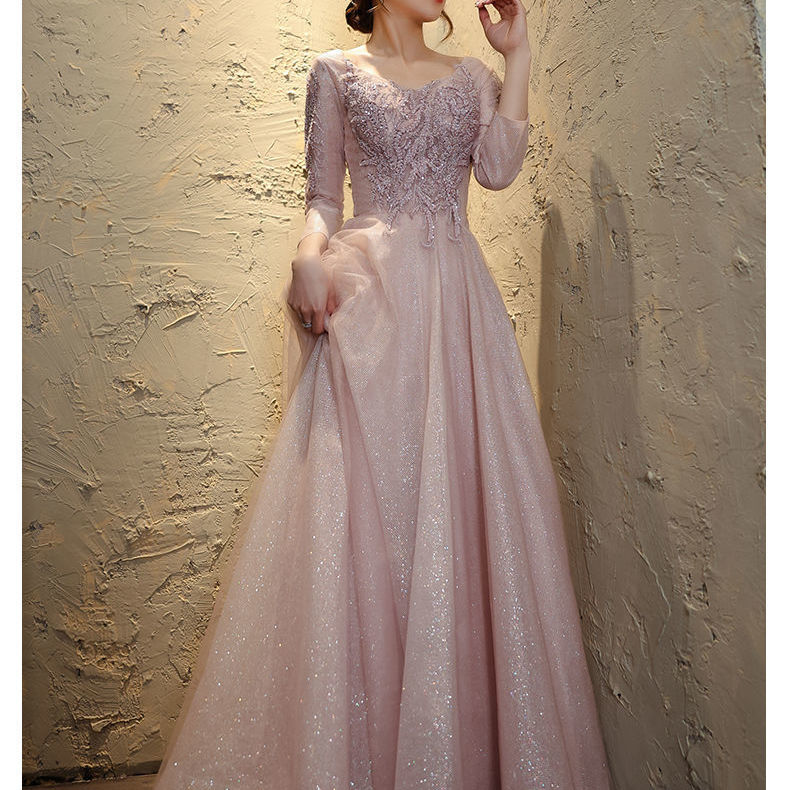 Evening dress pink dress embroidery new temperament host dress banquet high-end atmosphere elegant long thin