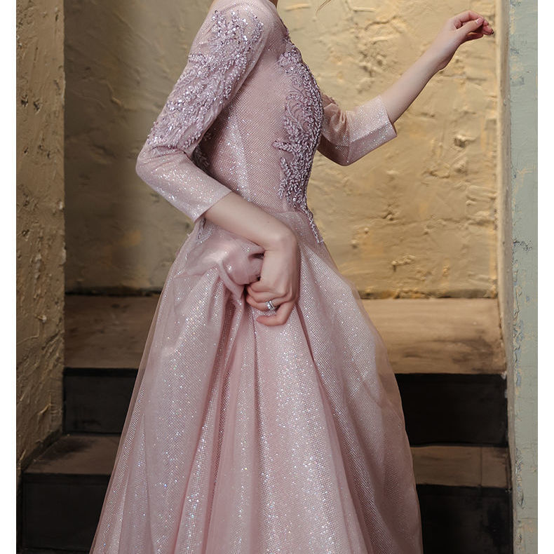 Evening dress pink dress embroidery new temperament host dress banquet high-end atmosphere elegant long thin