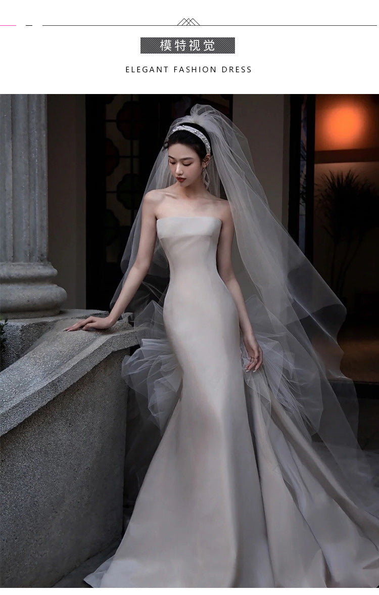 Satin fish tail wedding dress wedding dress Korean simple wipe chest trim out drag tail quality welcome yarn