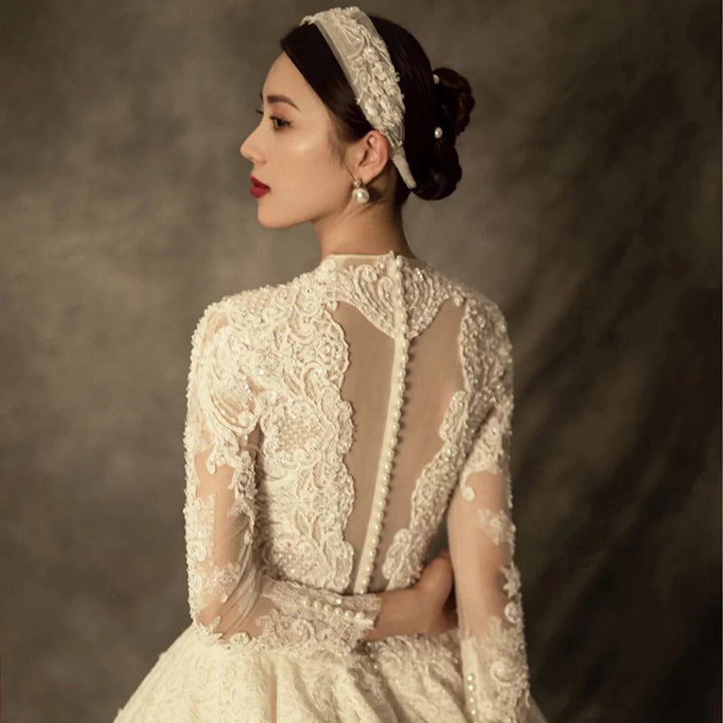 French long-sleeve wedding dress princess 2022 new bride wedding big tail palace wind main yarn wedding dress fall