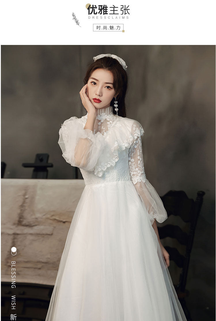 Evening gown 2022 new summer long sleeve temperament white fairy light wedding vocal solo party dress