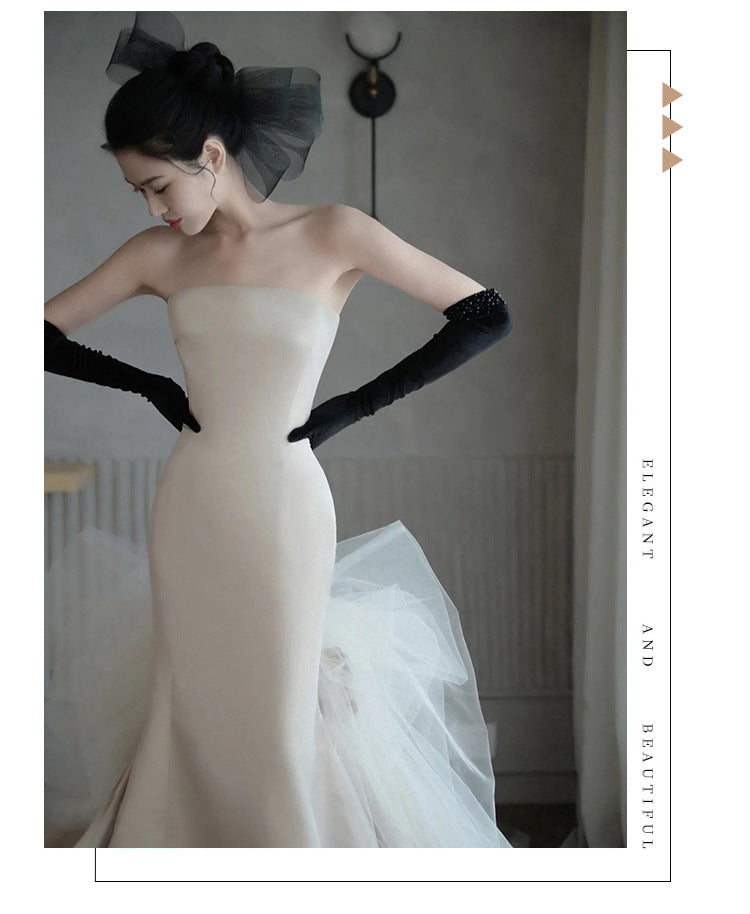 Satin fish tail wedding dress wedding dress Korean simple wipe chest trim out drag tail quality welcome yarn