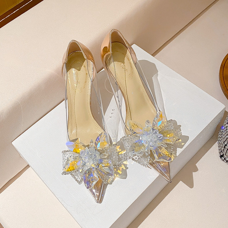 Fairy shoes heel Glass shoes New Korean fashion transparent high heels for women with thin heels, pointed rhinestones and champagne wedding shoes single shoes for women