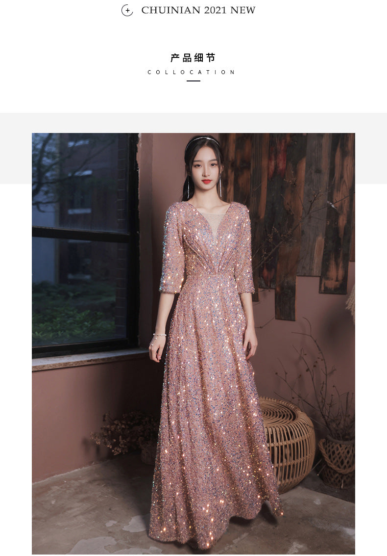 Glitter evening dress female 2022 new banquet temperament celebrity long v-neck annual meeting host dress female