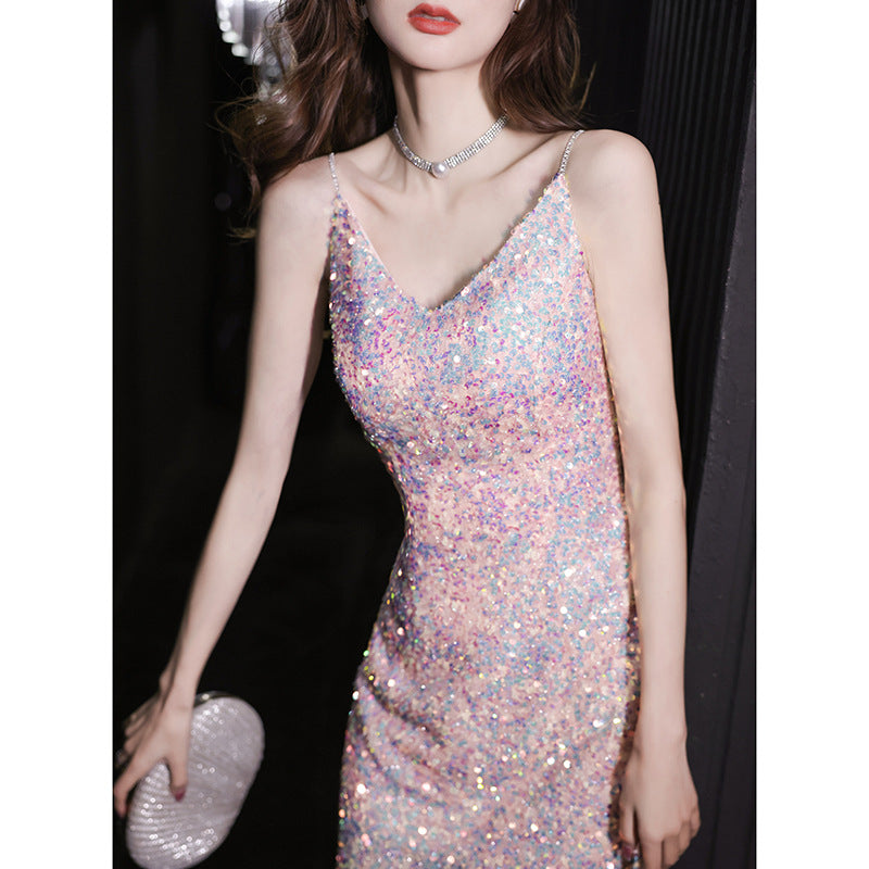 New fall birthday party annual party style pink sequin halter dress