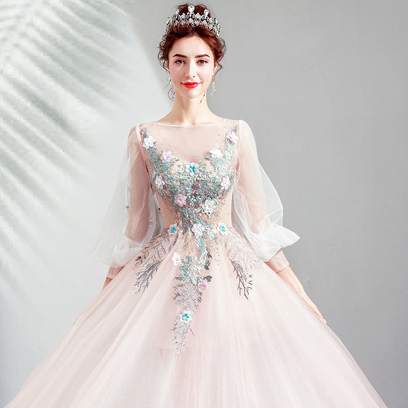 Flower lace dress Evening dress banquet female skinny sen super fairy pink bridal long sleeve toasting wedding dress annual runway evening dress