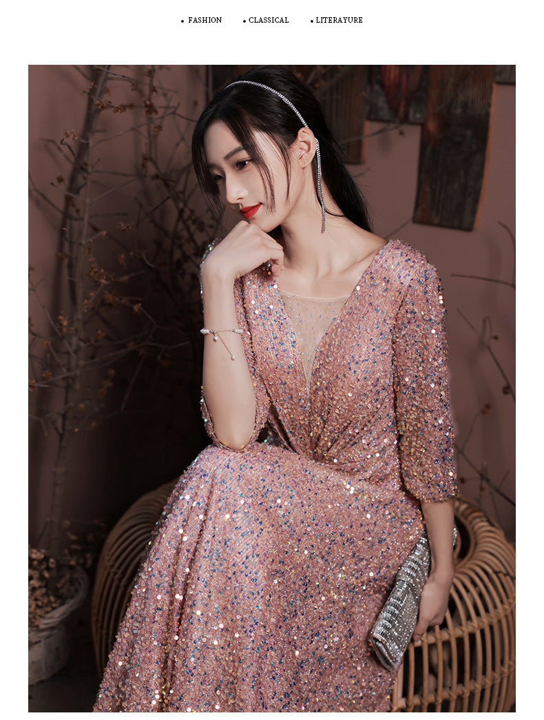 Glitter evening dress female 2022 new banquet temperament celebrity long v-neck annual meeting host dress female