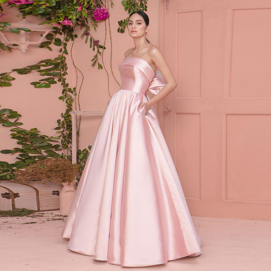 { 〓 Pink+ Big bowknot ❤ }  new satin level evening dress sexy strapless bow dress