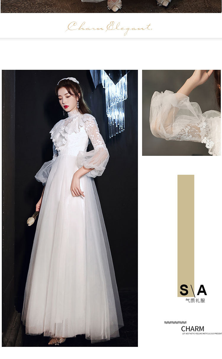 Evening gown 2022 new summer long sleeve temperament white fairy light wedding vocal solo party dress