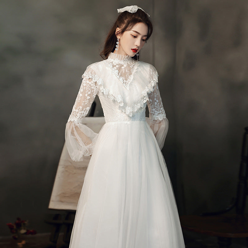 Evening gown 2022 new summer long sleeve temperament white fairy light wedding vocal solo party dress