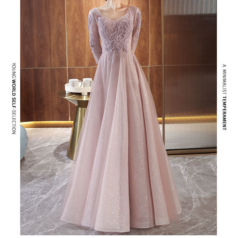 Evening dress pink dress embroidery new temperament host dress banquet high-end atmosphere elegant long thin