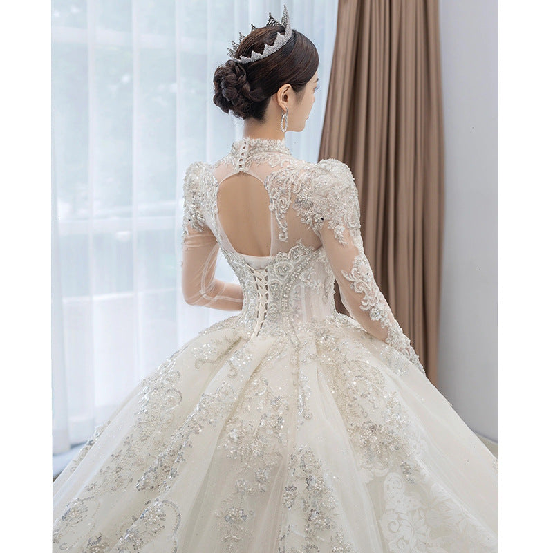 Wedding dress princess dress bubble sleeve long sleeve lace dress new bride wedding dress palace style high sense of big tail