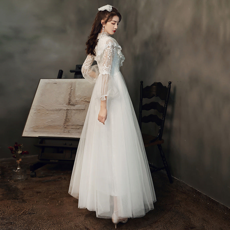 Evening gown 2022 new summer long sleeve temperament white fairy light wedding vocal solo party dress