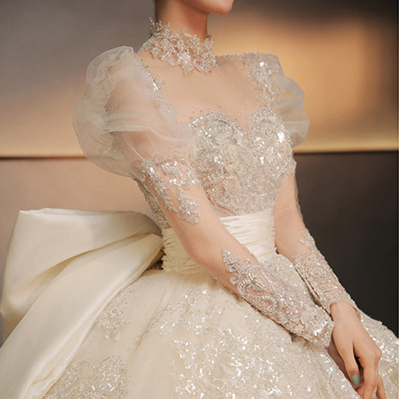 wedding dress long sleeve dress bride palace wind big drag tail luxury heavy industry personality bubble sleeves long sleeves