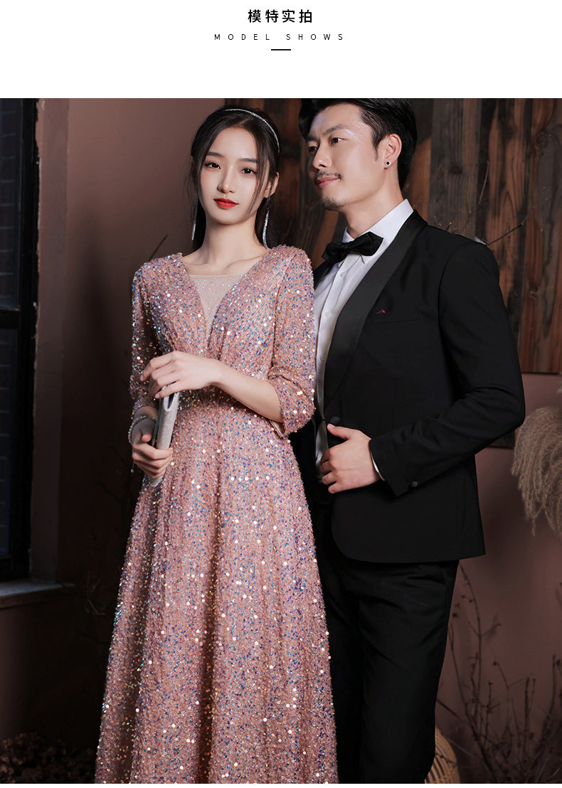 Glitter evening dress female 2022 new banquet temperament celebrity long v-neck annual meeting host dress female