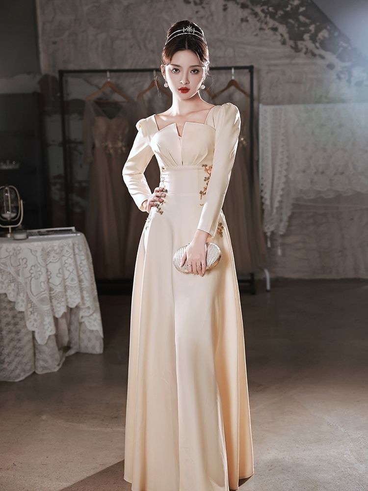 Champagne dress Chinese style dress evening dress for women 2022 summer new long-sleeve annual meeting temperament simple runway dress for the host