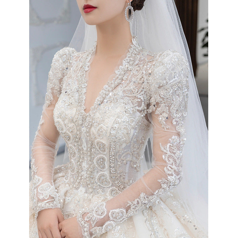 Wedding dress princess dress bubble sleeve long sleeve lace dress new bride wedding dress palace style high sense of big tail