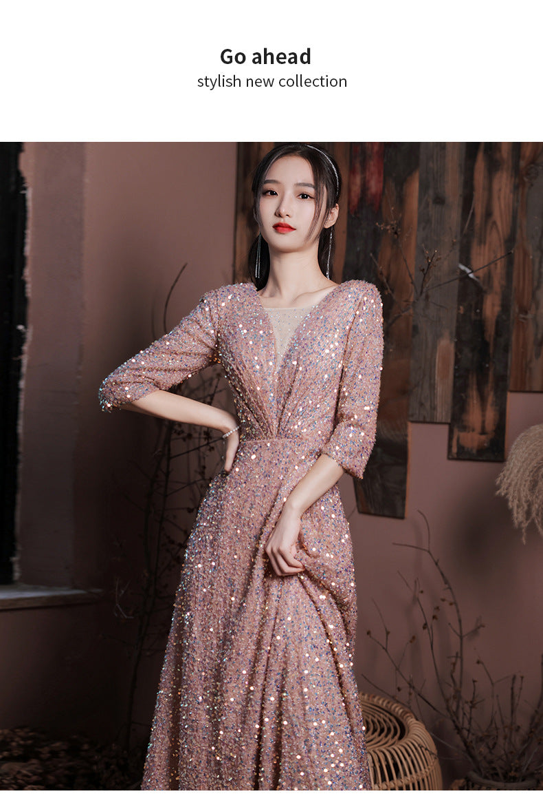 Glitter evening dress female 2022 new banquet temperament celebrity long v-neck annual meeting host dress female