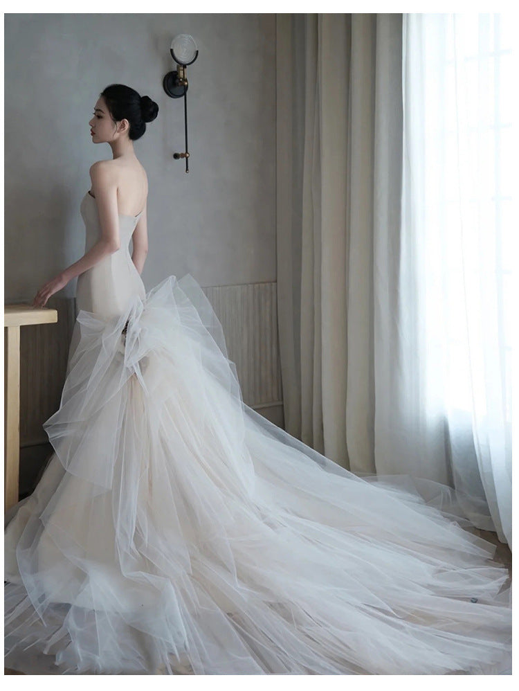 Satin fish tail wedding dress wedding dress Korean simple wipe chest trim out drag tail quality welcome yarn