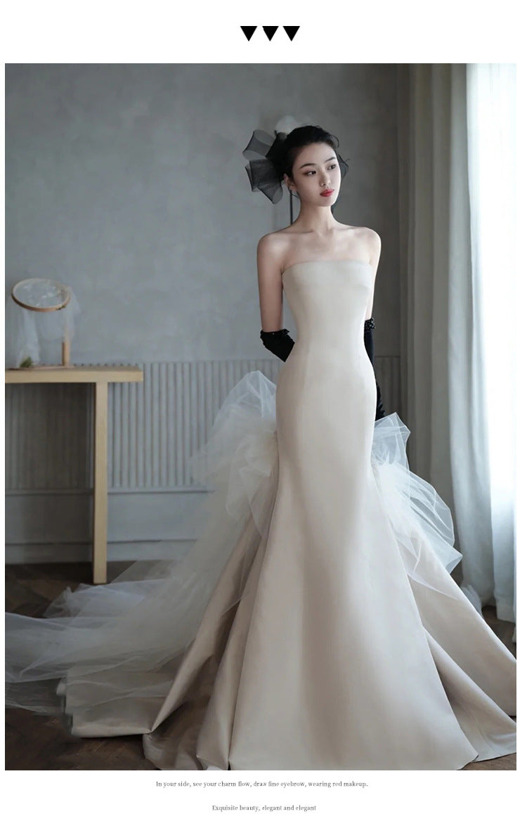 Satin fish tail wedding dress wedding dress Korean simple wipe chest trim out drag tail quality welcome yarn