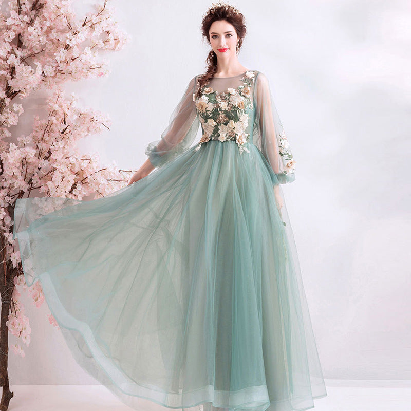 dinner dress green dress lace dress emerald green dinner dress annual performance host long sleeve wedding gown dress