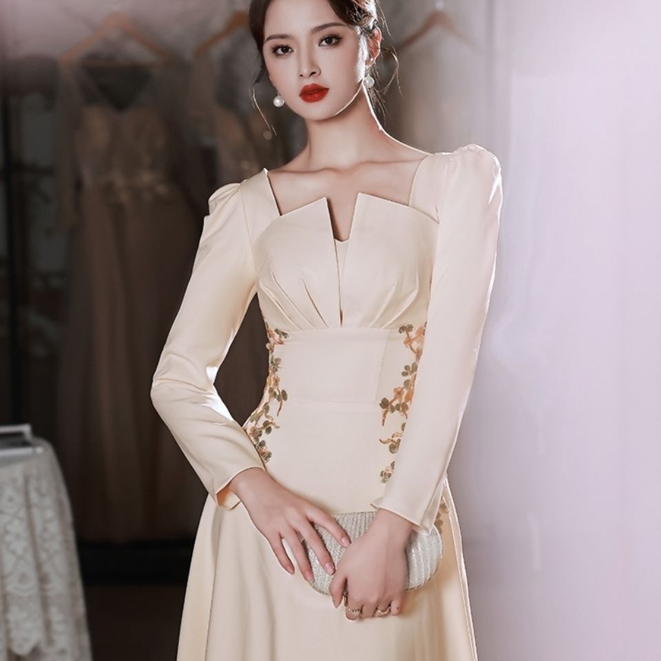 Champagne dress Chinese style dress evening dress for women 2022 summer new long-sleeve annual meeting temperament simple runway dress for the host