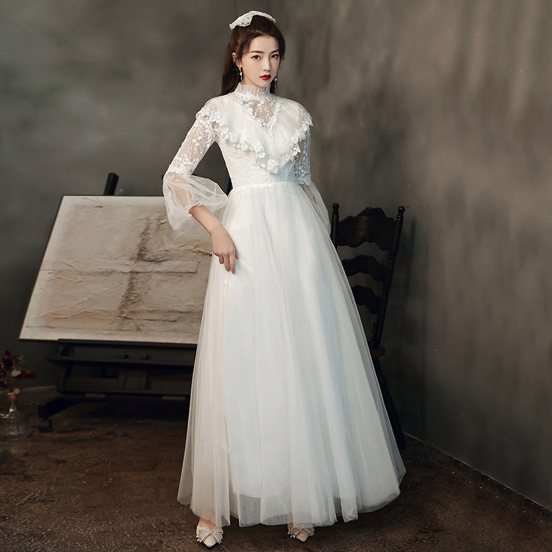 Evening gown 2022 new summer long sleeve temperament white fairy light wedding vocal solo party dress