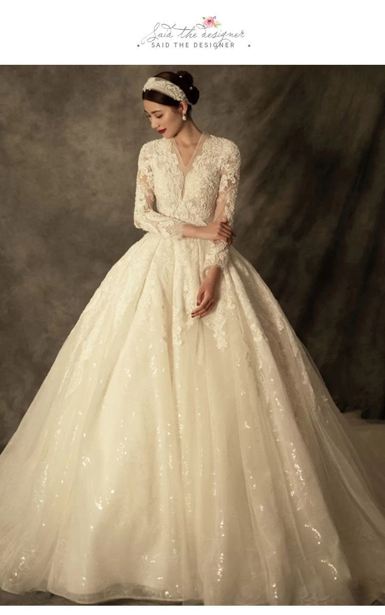 French long-sleeve wedding dress princess 2022 new bride wedding big tail palace wind main yarn wedding dress fall