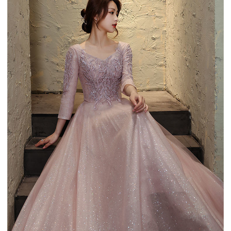 Evening dress pink dress embroidery new temperament host dress banquet high-end atmosphere elegant long thin