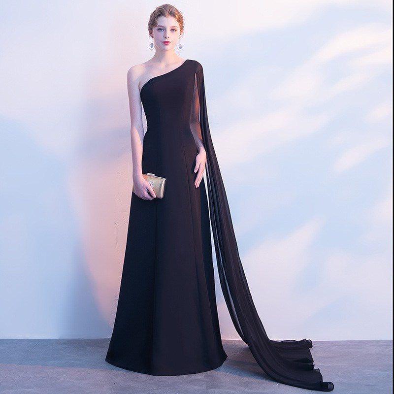 formal dress evening dress  one shoulder long elegant host slimming party dress female